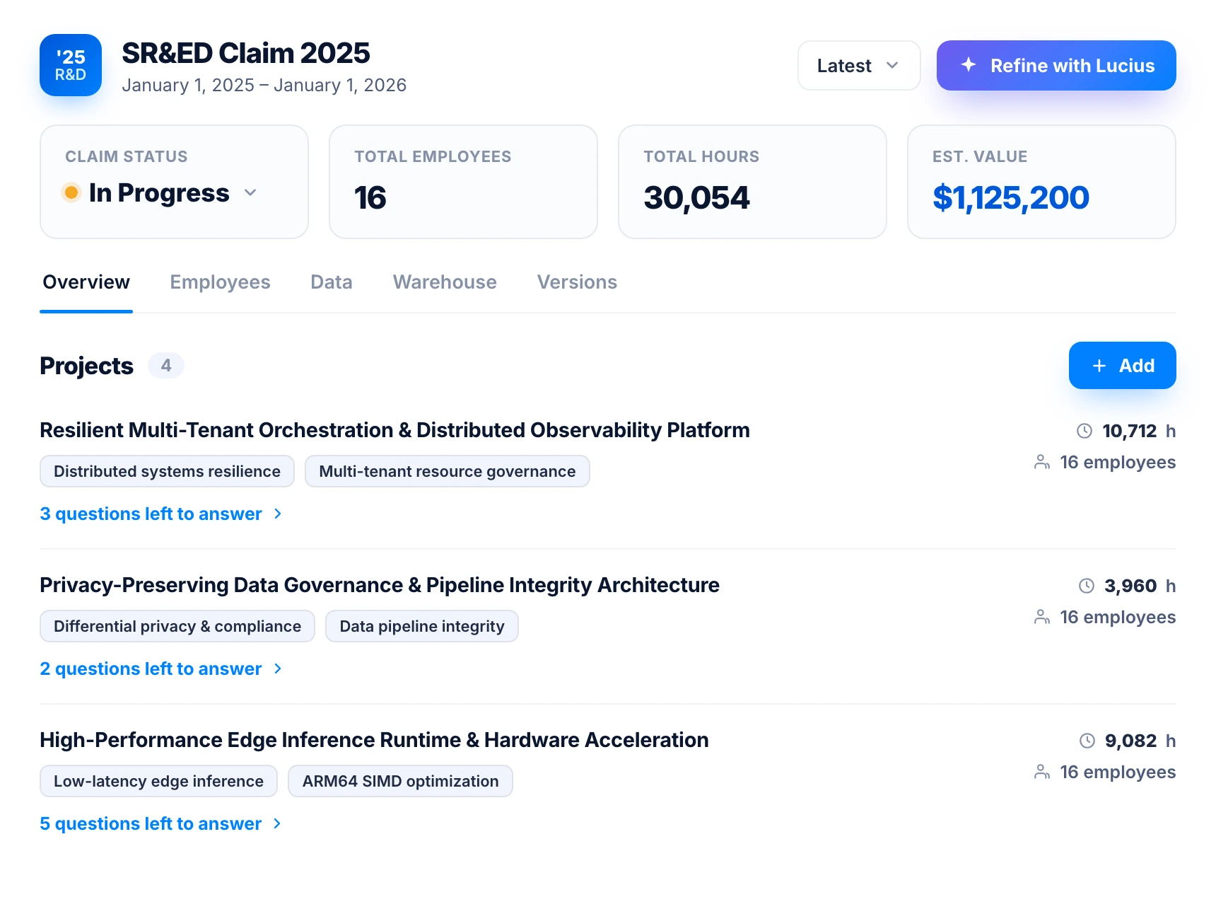 Chrono R&D claim overview showing status, total hours, estimated value, and projects ready to review