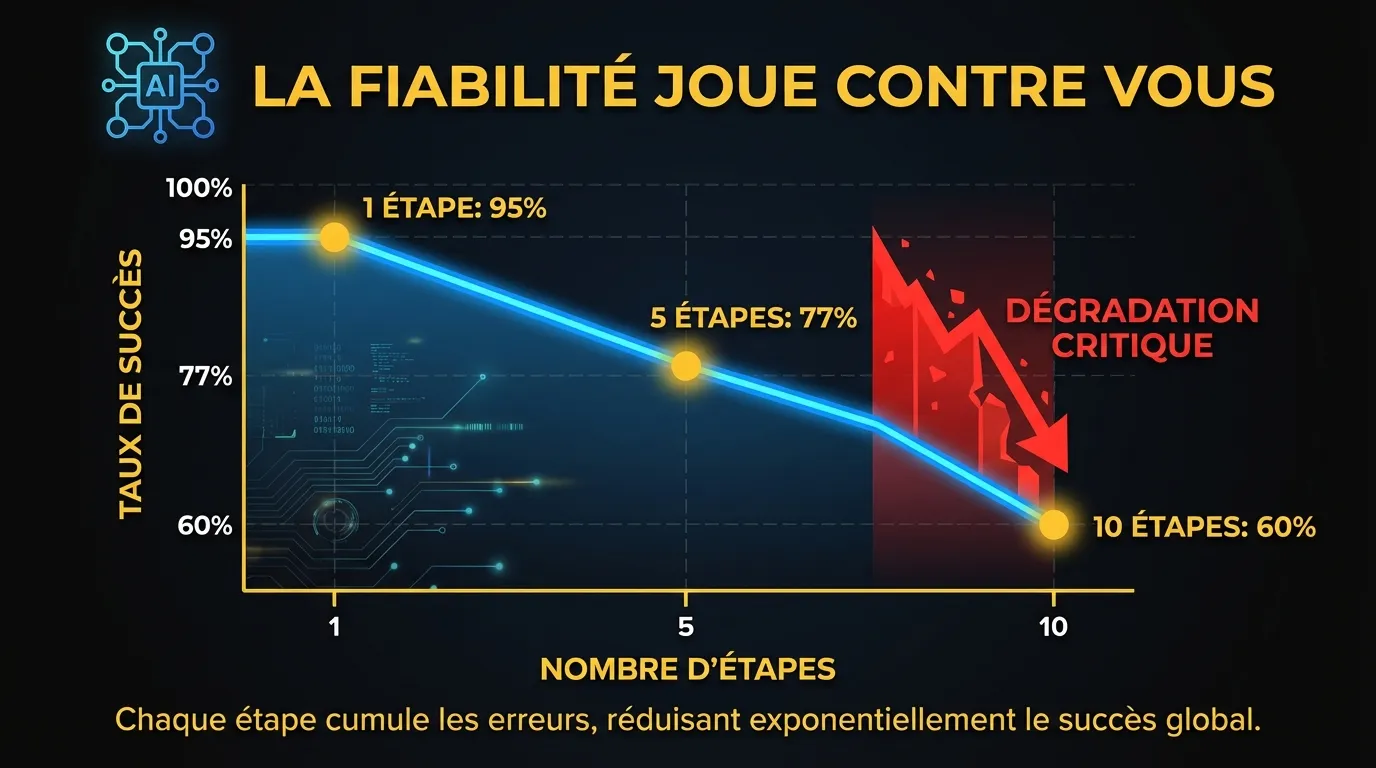 Visualisation de la façon dont les coûts et la fiabilité de l’IA agentique s’accumulent sur les étapes du workflow, montrant une fiabilité de 95% par étape qui tombe à 77% sur 5 étapes et 60% sur 10 étapes