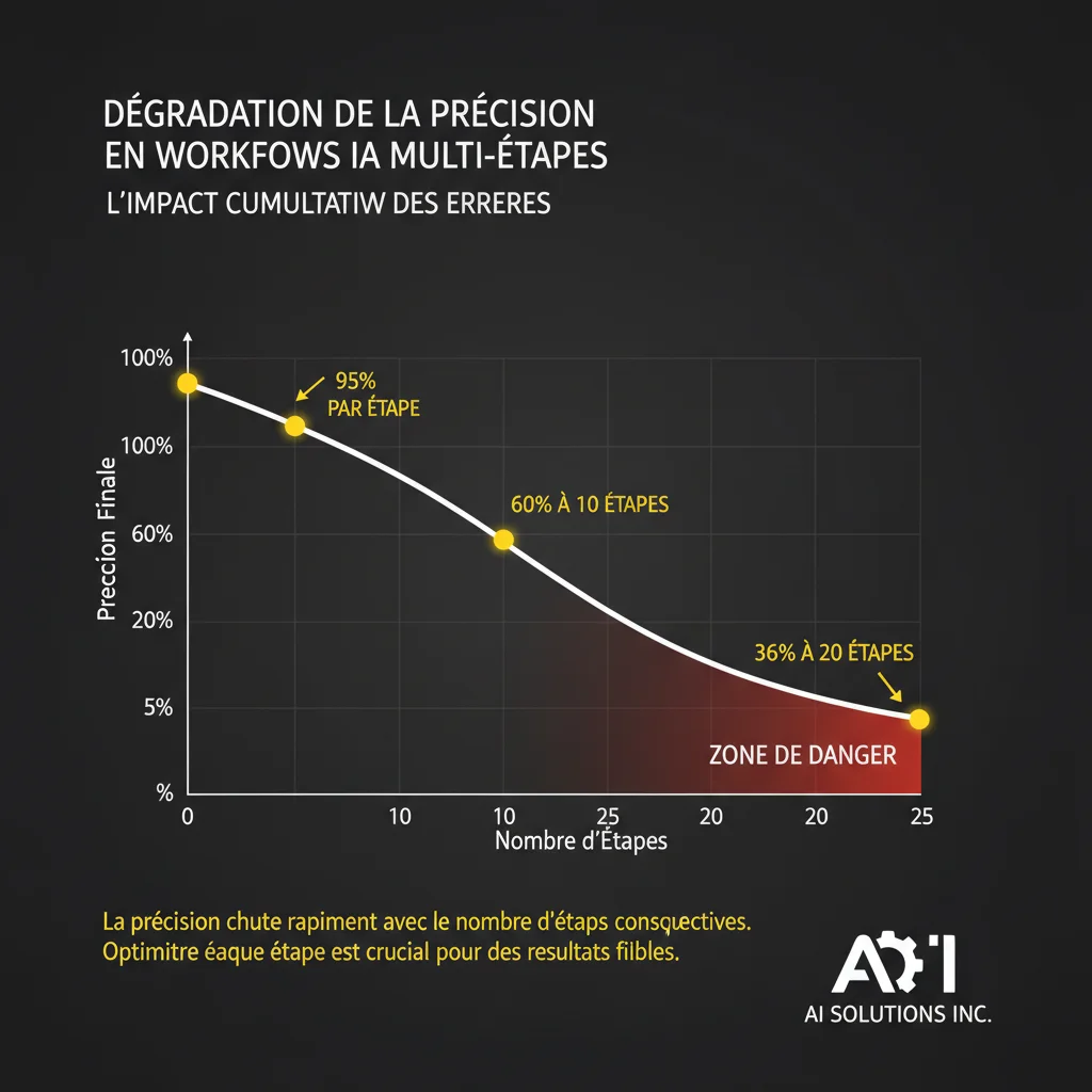 Dégradation de la précision en composition dans les workflows IA multi-étapes — 95% par étape donne 60% de précision finale à 10 étapes, 36% à 20 étapes