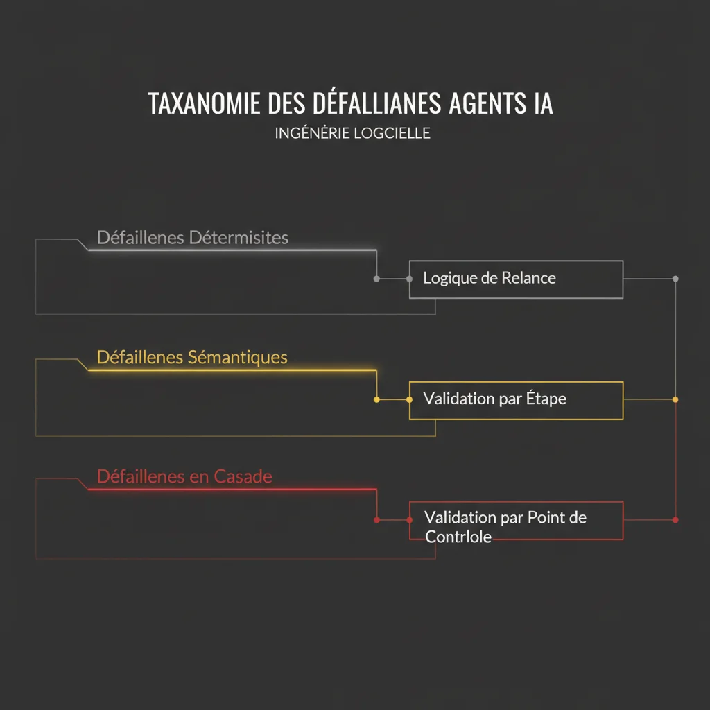 Taxonomie des modes de défaillance des agents IA : défaillances déterministes avec logique de relance, défaillances sémantiques avec validation par étape, défaillances en cascade avec validation par point de contrôle