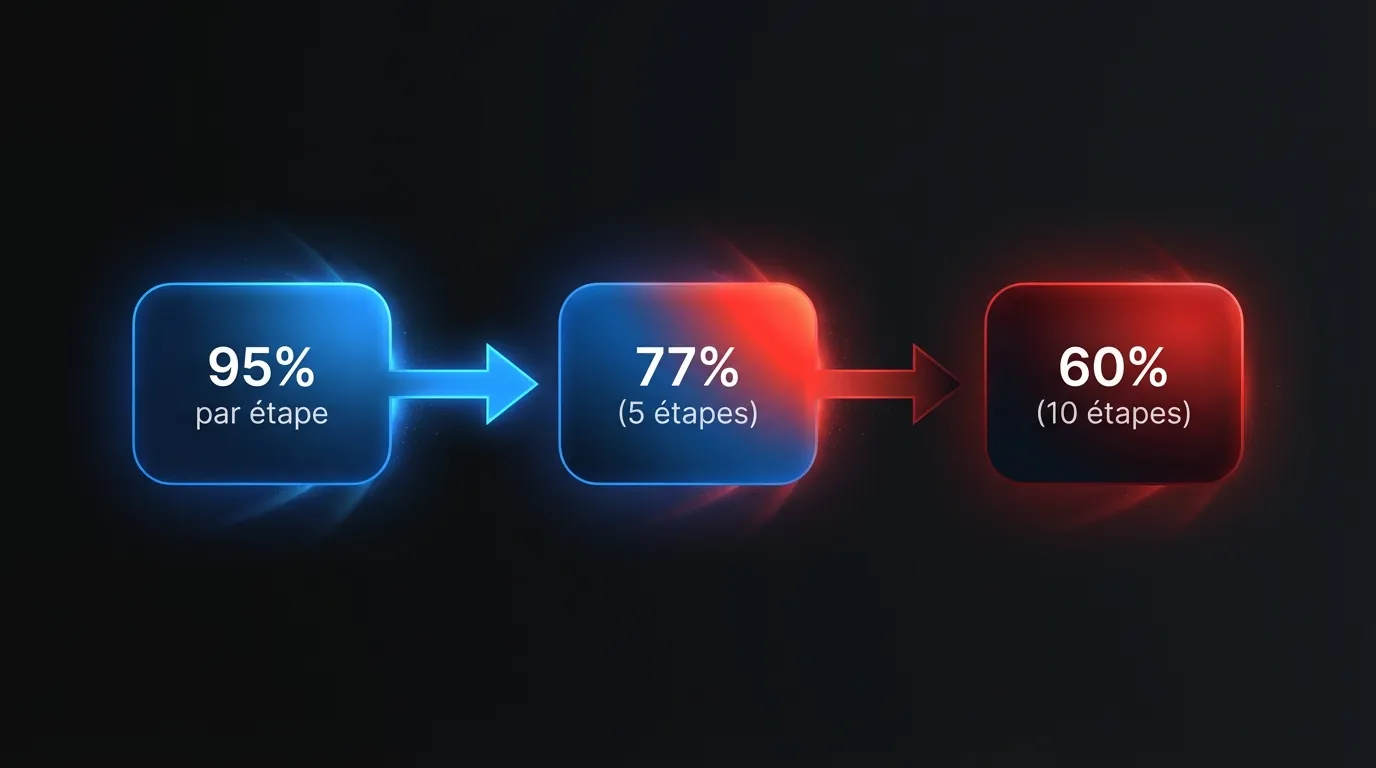 Diagramme de flux montrant l’amplification des erreurs : 95% par étape mène à 77% pour 5 étapes et 60% pour 10 étapes