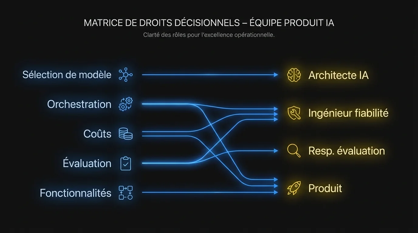 Matrice des droits décisionnels : Sélection de modèle et Orchestration par l’Architecte IA, Coûts par l’Ingénieur fiabilité, Évaluation par le Resp. évaluation, Fonctionnalités par le Produit