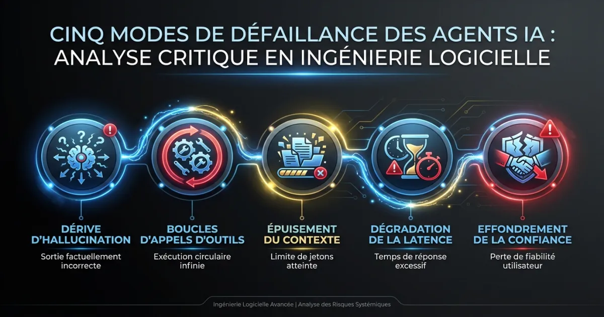 Tableau de bord d’observabilité des agents IA montrant cinq modes de défaillance : dérive d’hallucination, boucles d’appels d’outils, épuisement du contexte, dégradation de la latence et effondrement de la confiance