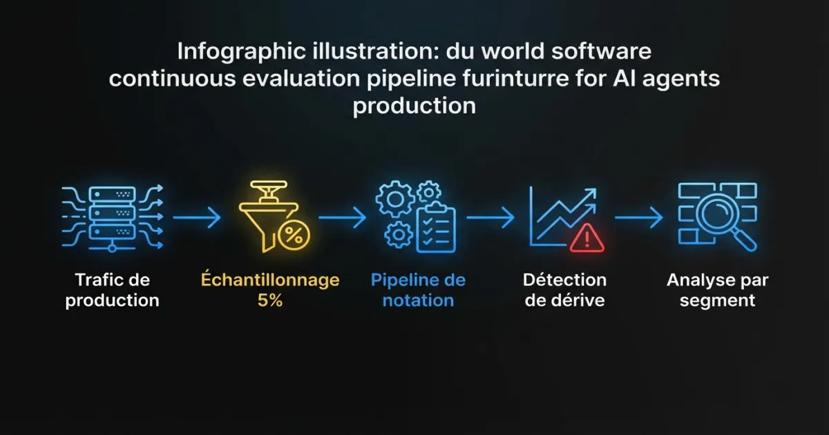 Pipeline d’évaluation continue montrant l’échantillonnage du trafic de production, la notation, la détection de dérive et l’analyse de performance par segment