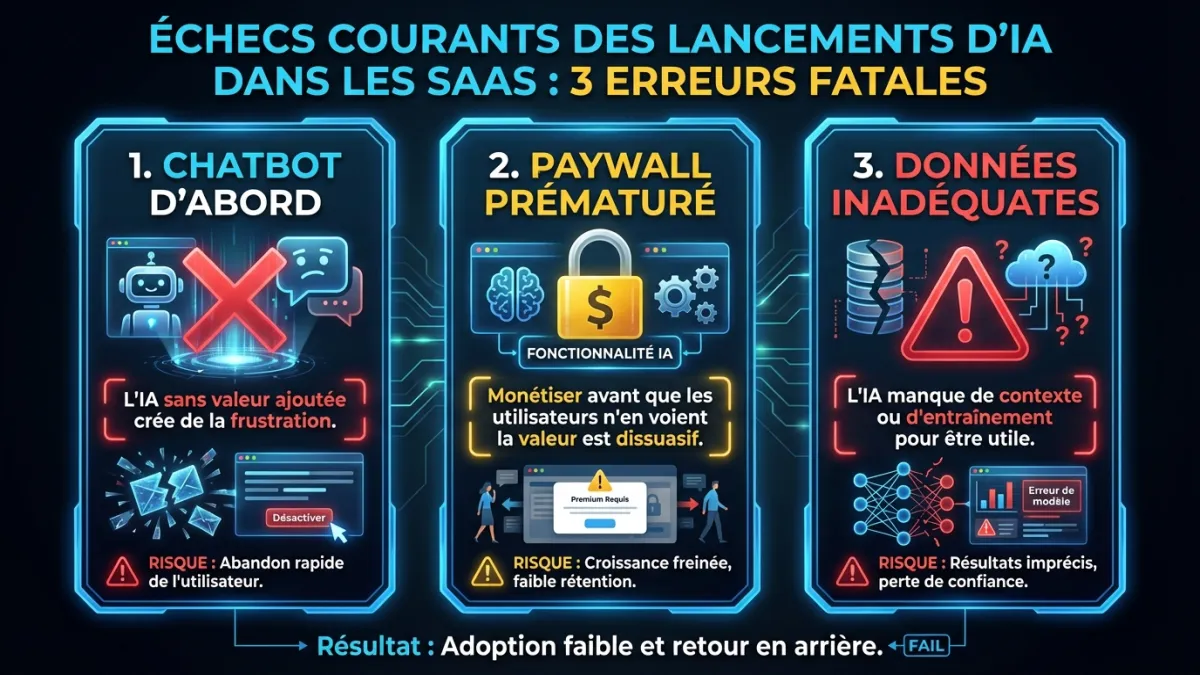 Erreurs courantes de lancement de fonctionnalités IA : pensée chatbot d’abord, paywall prématuré et ignorance de la maturité des données