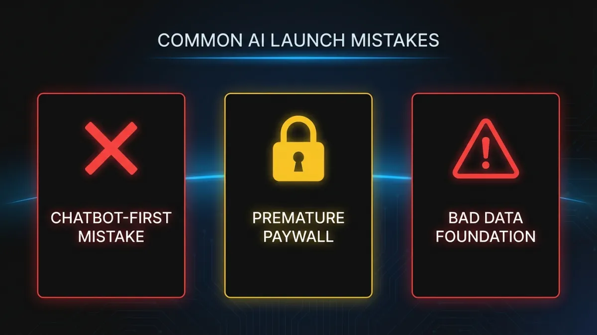 Common AI feature launch mistakes: chatbot-first thinking, premature paywalling, and ignoring data readiness