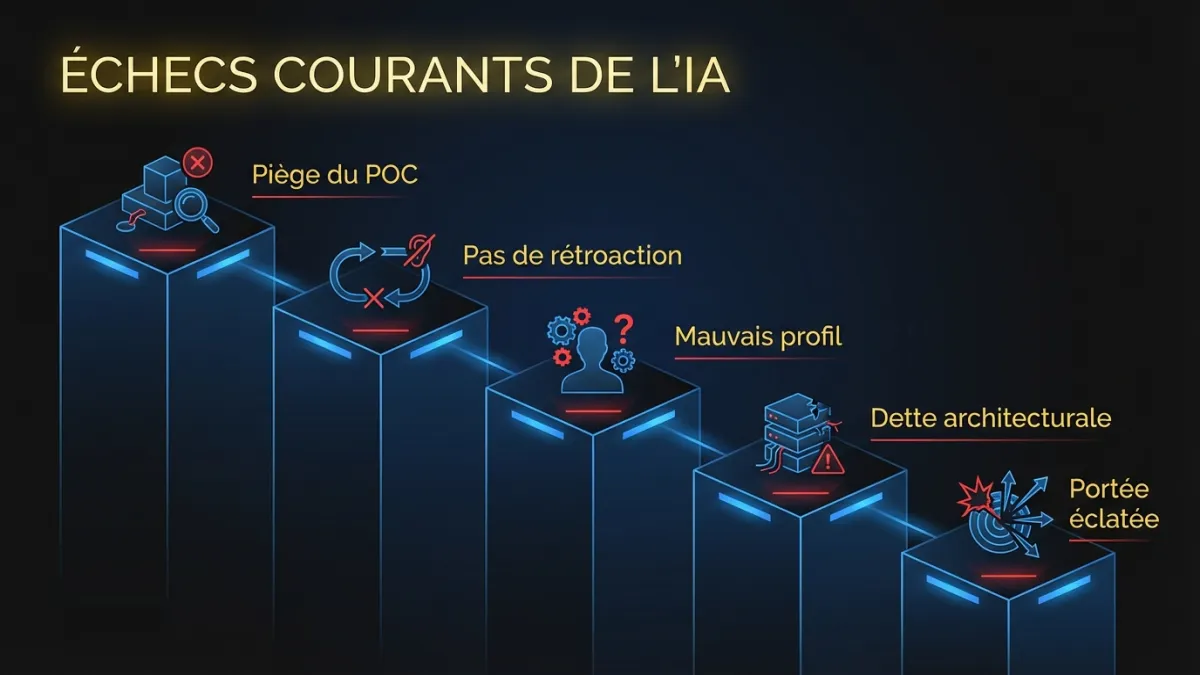 Cinq modes d’échec courants en implémentation IA : Piège du POC, Pas de rétroaction, Mauvais profil, Dette architecturale et Portée éclatée
