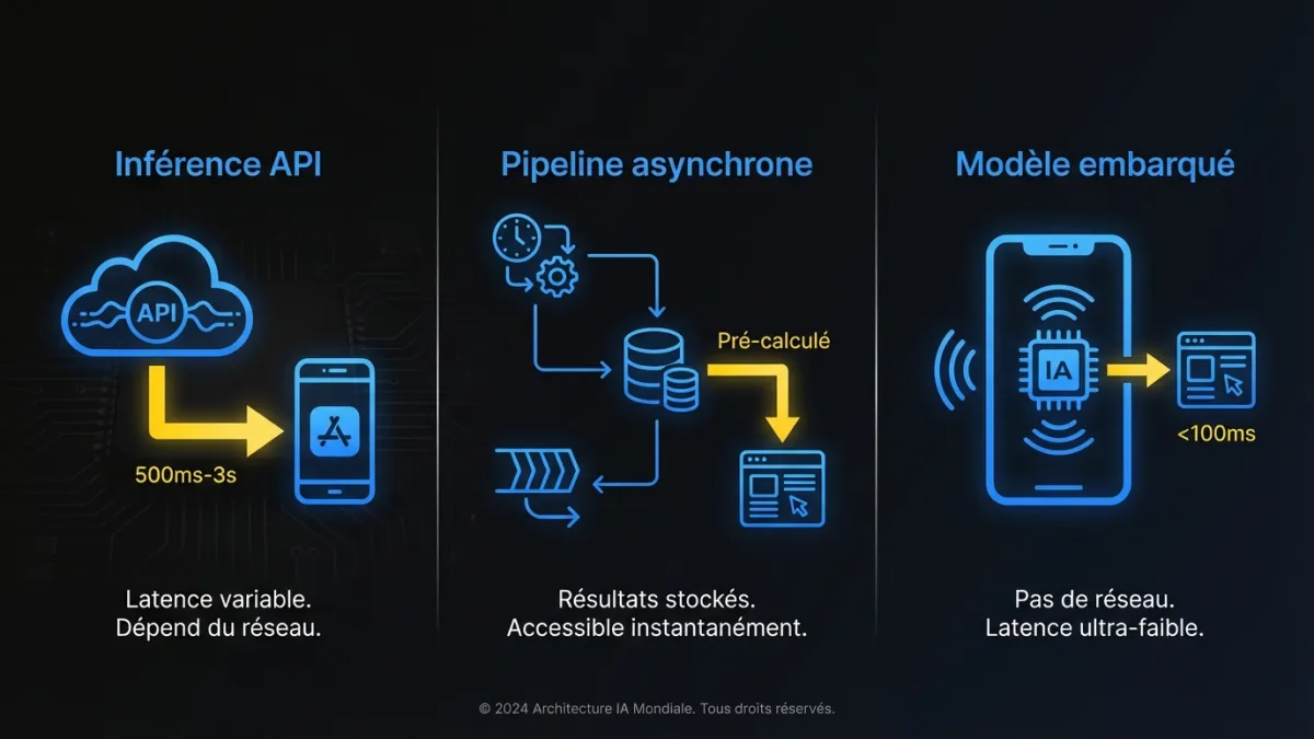 Comparaison de trois patrons d’architecture IA : Inférence API (500ms-3s), Pipeline asynchrone (Pré-calculé) et Modèle embarqué (moins de 100ms)
