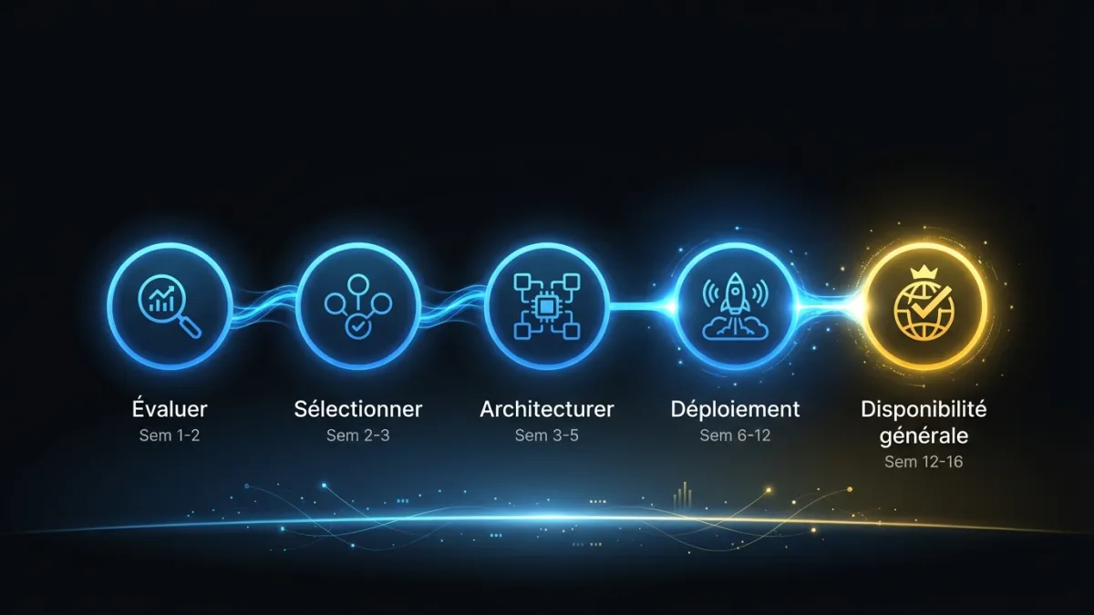 Chronologie d’implémentation montrant cinq phases : Évaluer (Sem 1-2), Sélectionner (Sem 2-3), Architecturer (Sem 3-5), Déploiement (Sem 6-12) et Disponibilité générale (Sem 12-16)