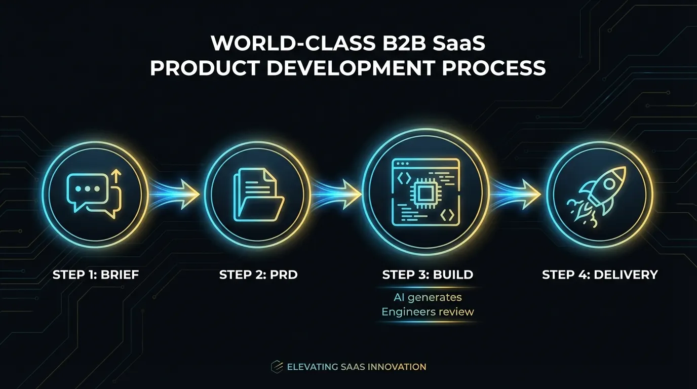 Four-step Chrono process: Brief, PRD, Build, Delivery — from product idea to deployed product