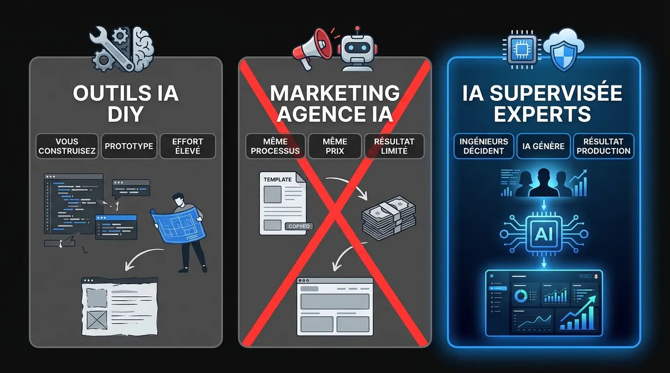 Trois catégories de développement IA de MVP : outils DIY, marketing d’agence, et constructions IA supervisées par des experts
