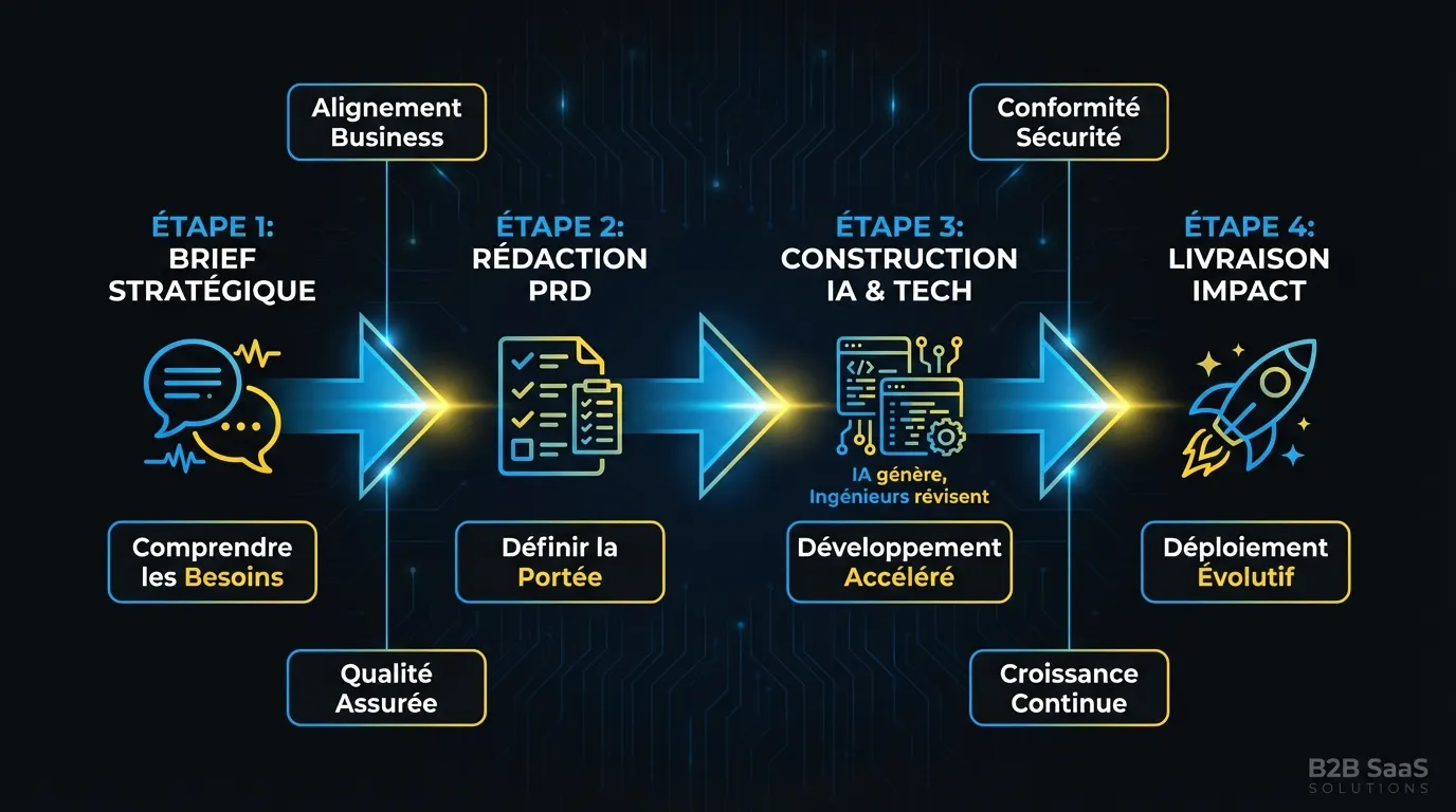 Processus Chrono en quatre étapes : Brief, PRD, Construction, Livraison — de l’idée de produit au produit déployé