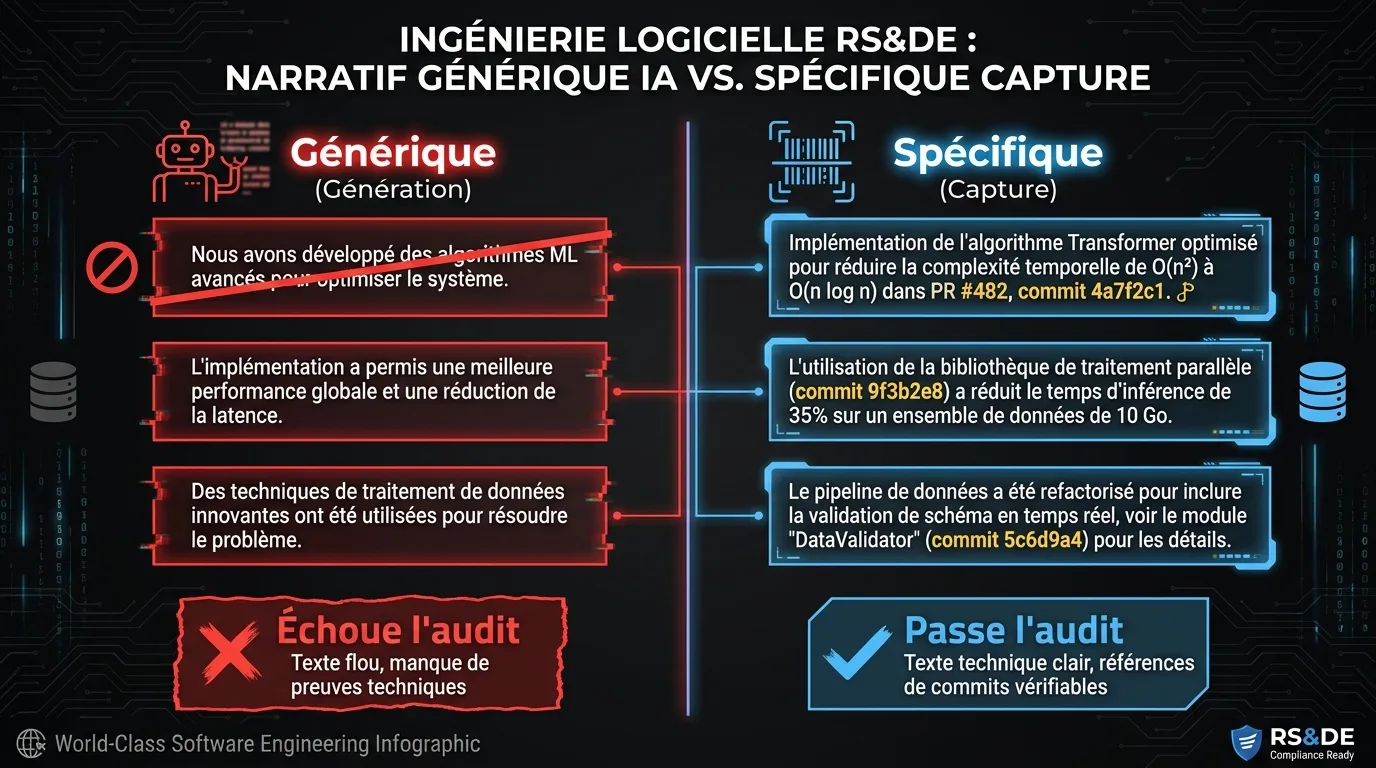 Comparaison côte à côte d’un narratif RS&DE générique basé sur la génération versus un narratif spécifique basé sur la capture avec références aux commits