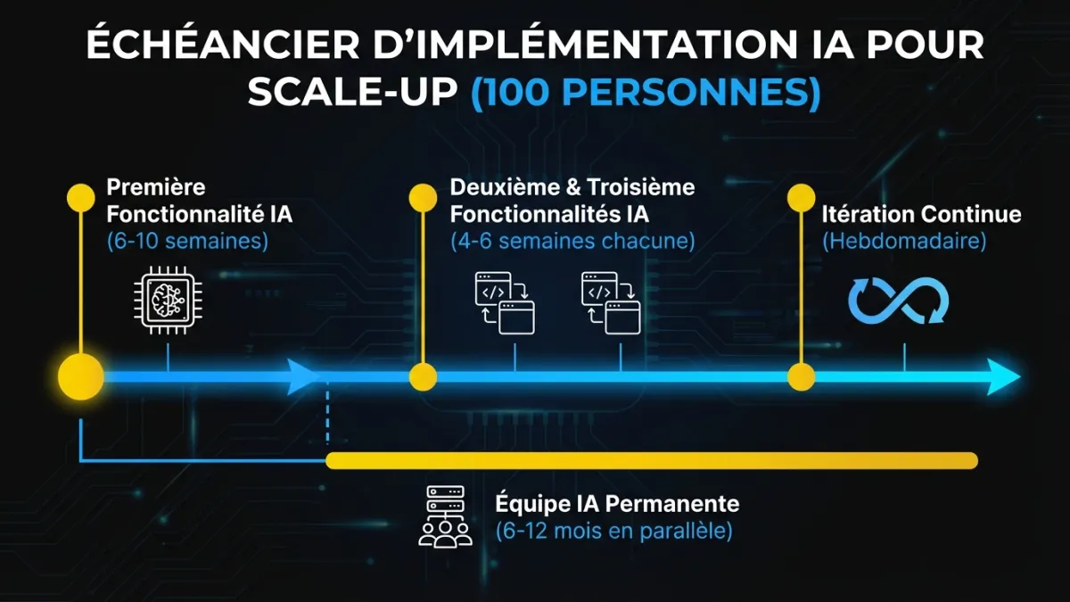 Échéancier réaliste d’implémentation IA pour les scale-ups : de la première fonctionnalité à l’équipe permanente