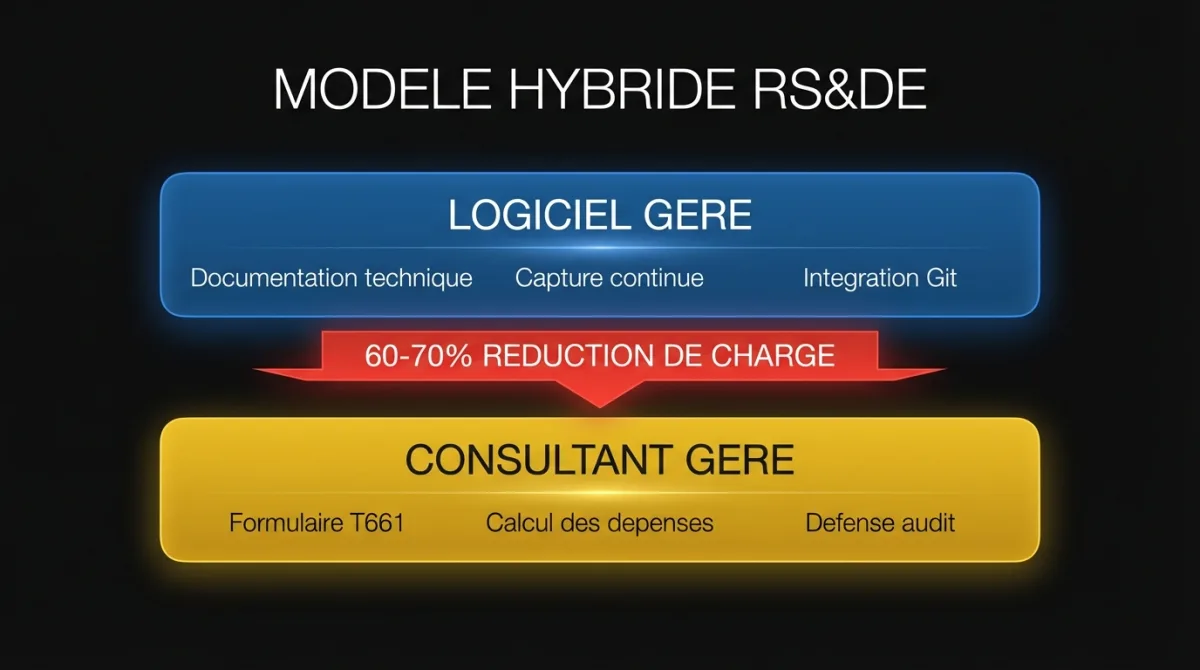 Le modèle hybride RS&DE : le logiciel gère la documentation, le consultant gère le dépôt et la défense en vérification