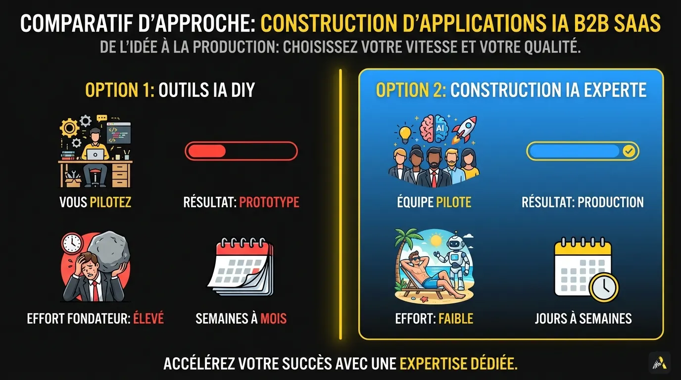 Comparaison côte à côte de l’Option 1 (outils IA DIY) et de l’Option 2 (construction IA supervisée par des experts) montrant les responsabilités, le résultat et le délai
