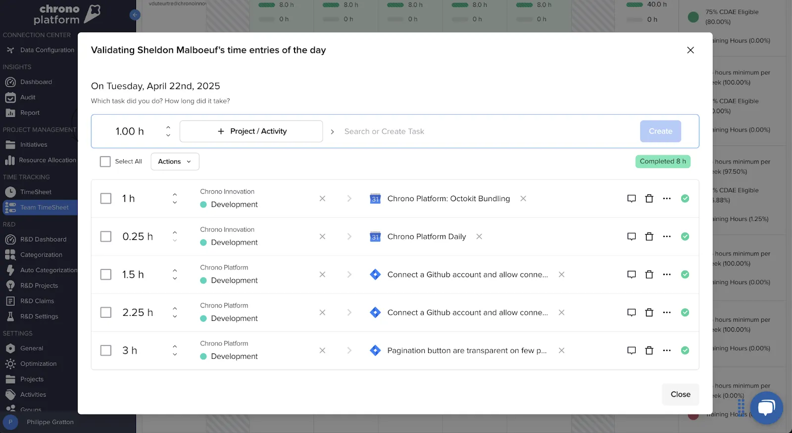 Timesheet validation view showing task entries, time logged, and activity type for a team member in Chrono Platform