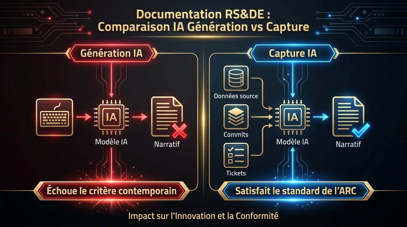 Diagramme comparatif montrant l’approche de génération IA (entrée par invite) versus l’approche de capture IA (données source, commits, tickets)