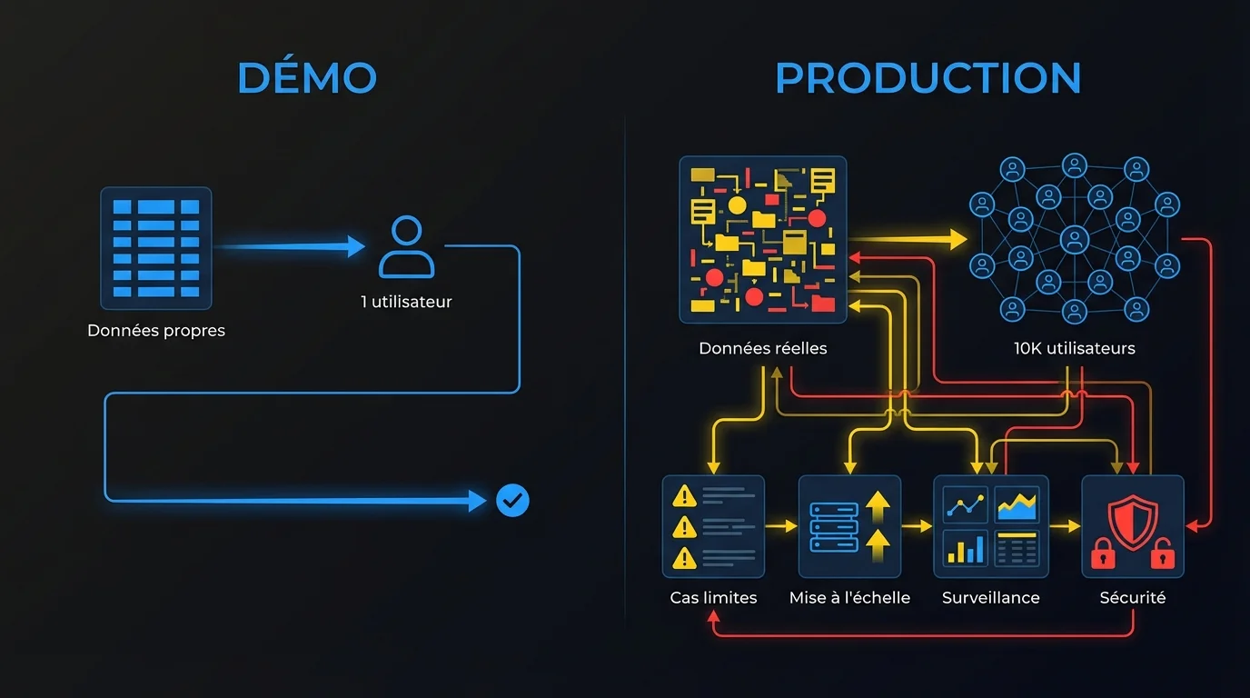 Comparaison entre un environnement de démo IA et les exigences d’un système en production