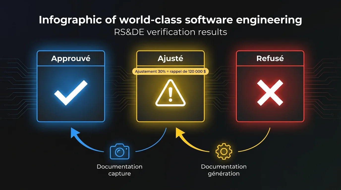 Diagramme des résultats d’une vérification RS&DE : approuvé, ajusté et refusé, avec l’impact typique d’un ajustement sur une réclamation de 400 000 $