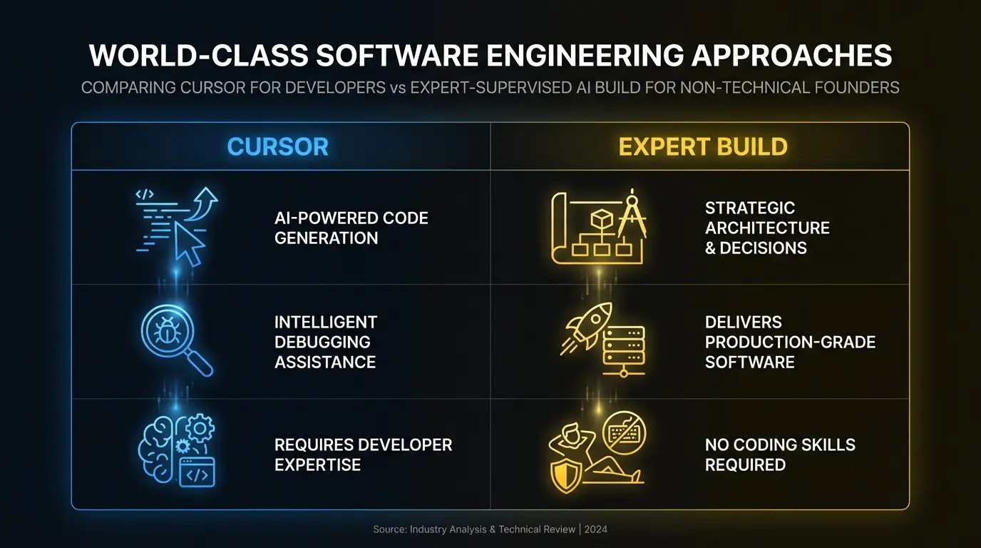 Comparison of Cursor for developers versus expert-supervised AI building for non-technical founders