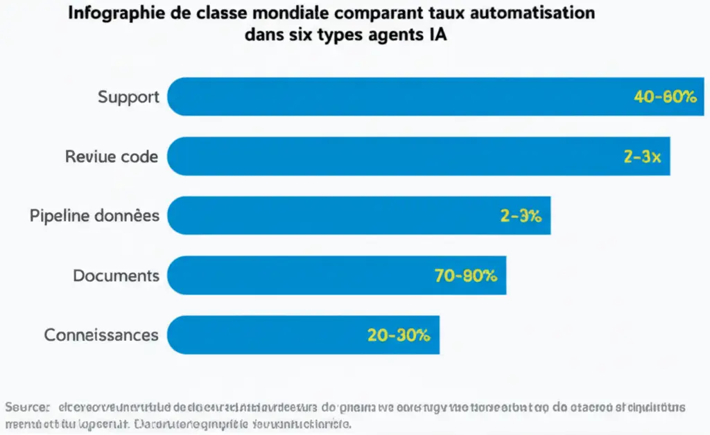 Comparaison des taux de révision humaine dans six catégories d’agents, de 40 % auto-approuvés en support à 80 % en traitement de documents