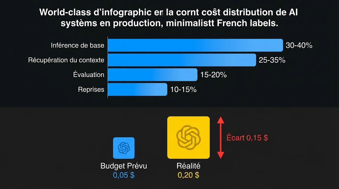 Répartition réelle des coûts IA : inférence de base 30-40 %, récupération du contexte 25-35 %, évaluation 15-20 %, reprises 10-15 % — budget 0,05 $ vs réalité 0,20 $