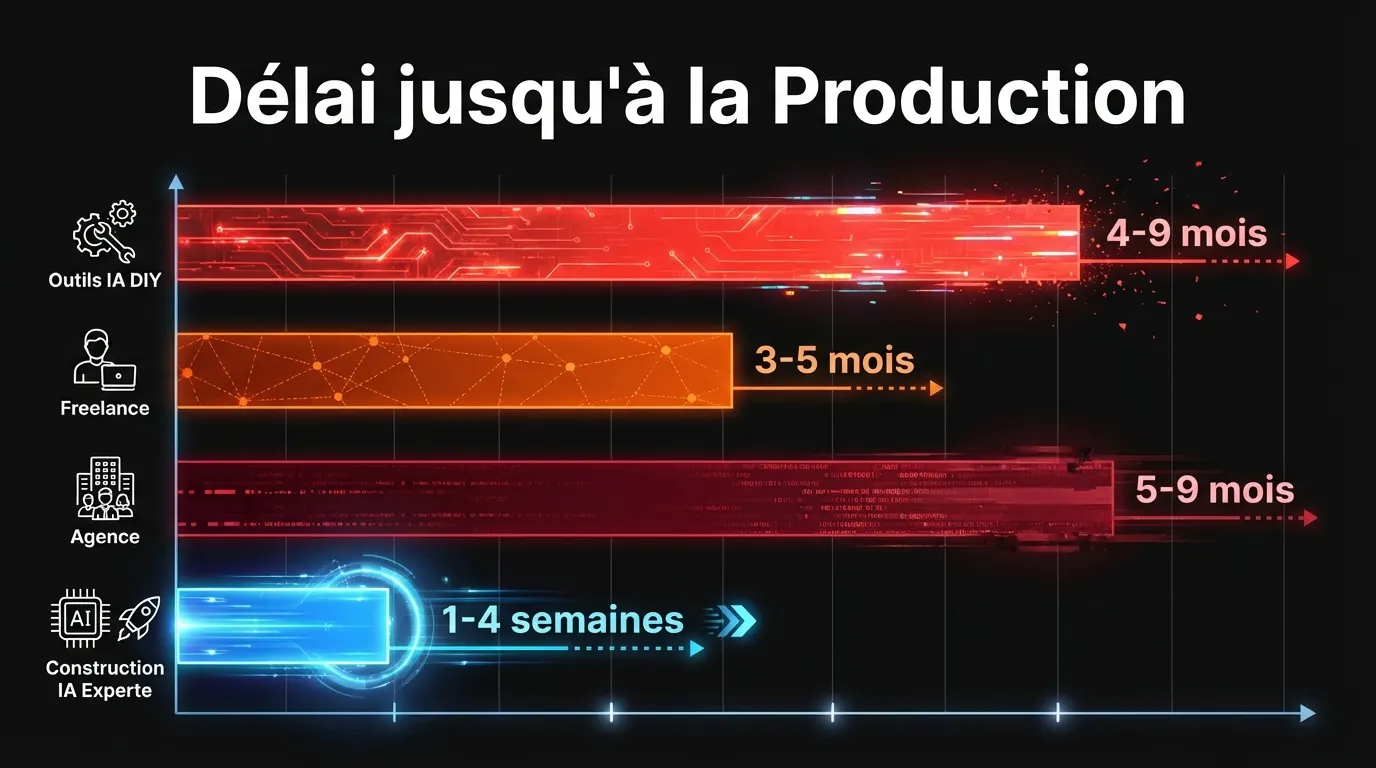 Graphique à barres comparant les délais : Outils IA DIY (4-9 mois), Freelances (3-5 mois), Agences (5-9 mois), Construction IA supervisée (1-4 semaines)
