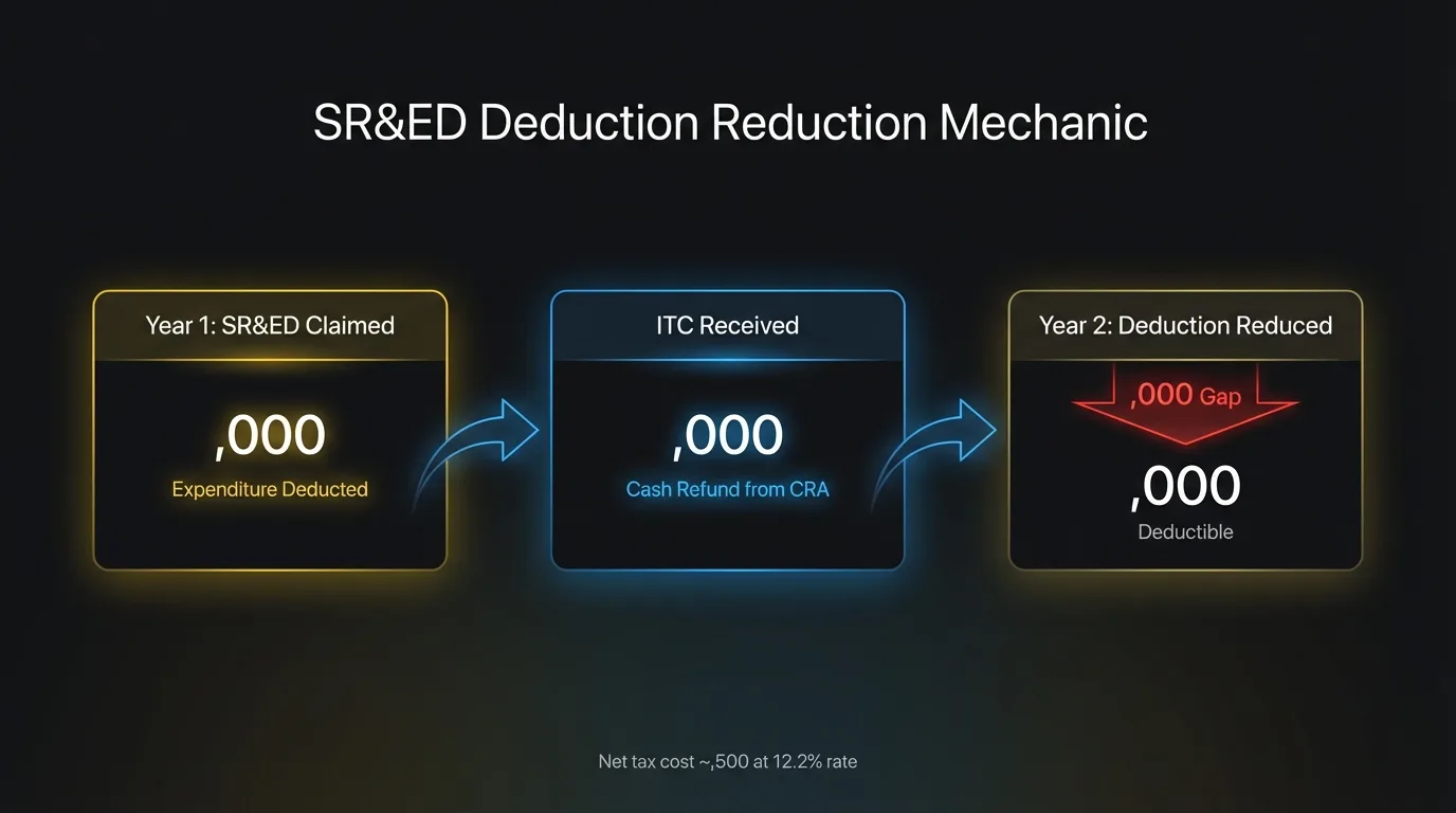 Flowchart showing how a $200,000 SR&ED claim generates a $70,000 ITC refund that reduces the following year’s deductible expenditures to $130,000