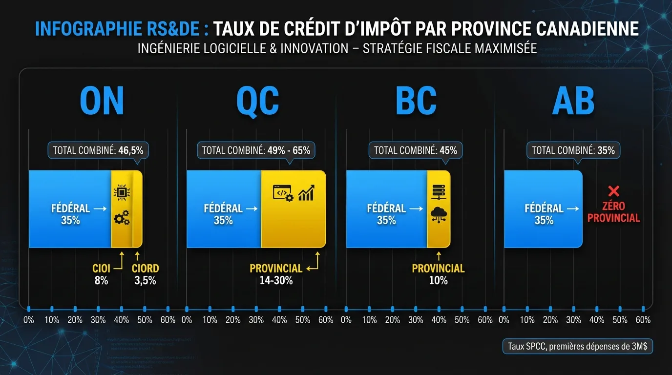 Tableau comparatif des taux de crédit RS&DE par province: Ontario, Québec, Colombie-Britannique et Alberta, montrant l’empilement fédéral et provincial