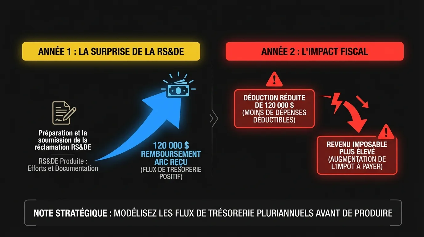 Chronologie comparant l’Année 1 (RS&DE produite, remboursement de 120 000 $ reçu) et l’Année 2 (déduction réduite de 120 000 $, revenu imposable plus élevé)