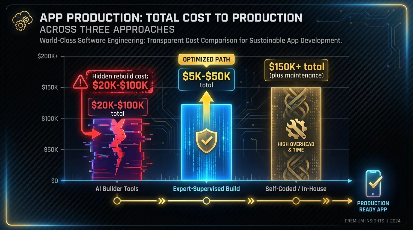 Total cost comparison showing Lovable, Bolt.new, and expert-supervised builds including hidden rebuild costs