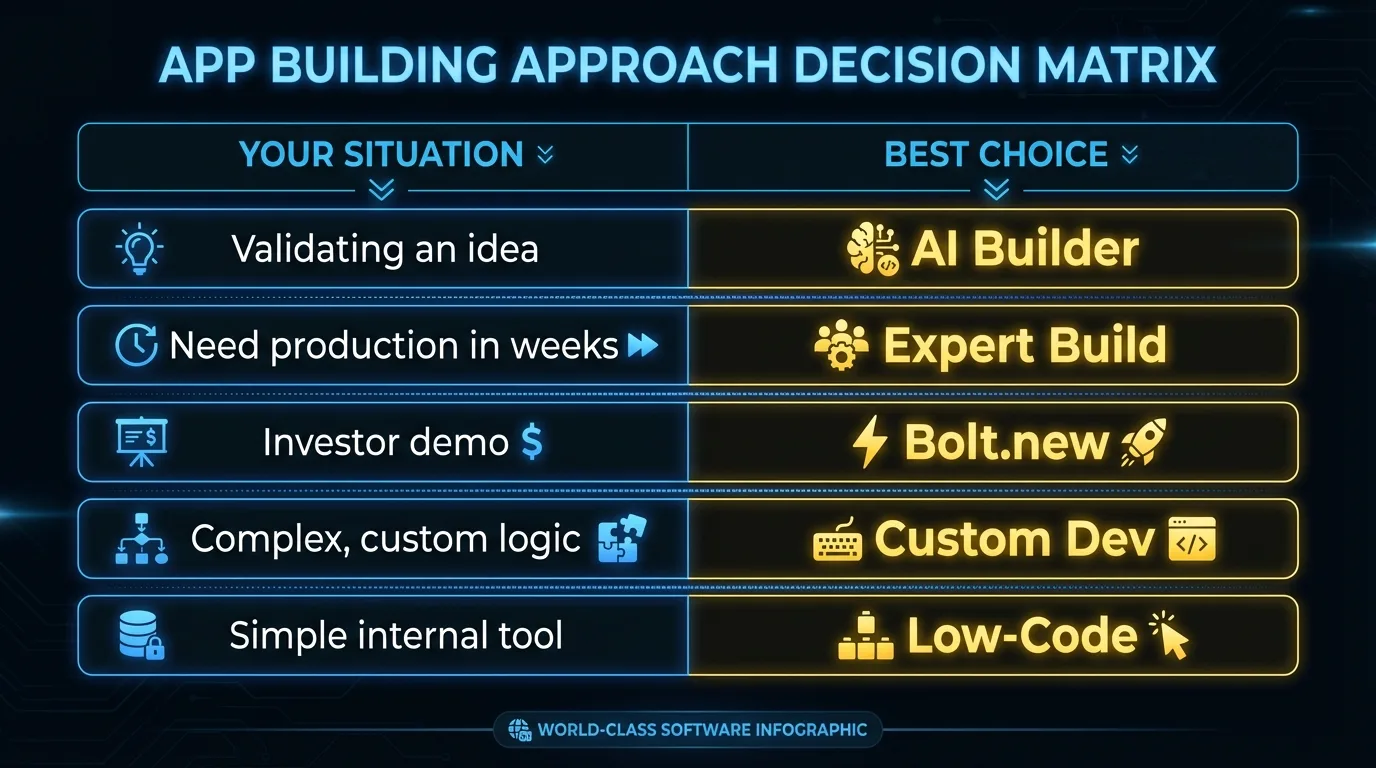 Decision matrix for choosing between Lovable, Bolt.new, and expert-supervised AI building based on founder situation