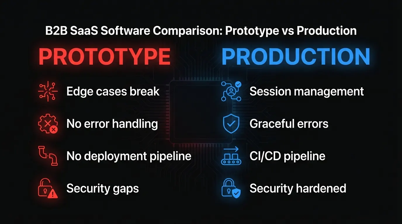 Comparison of prototype-grade versus production-grade software showing what’s included in each