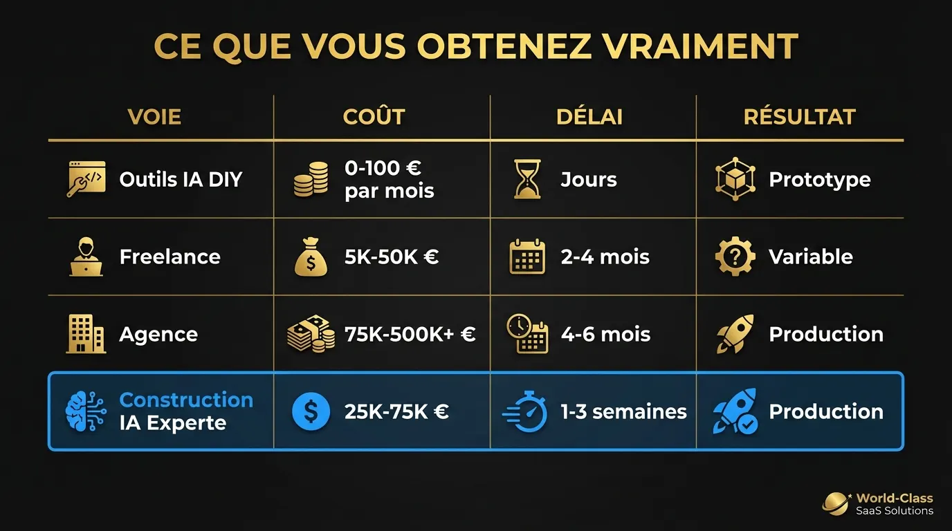 Tableau comparatif des quatre voies MVP montrant le coût, le délai, la qualité du résultat et l’implication du fondateur