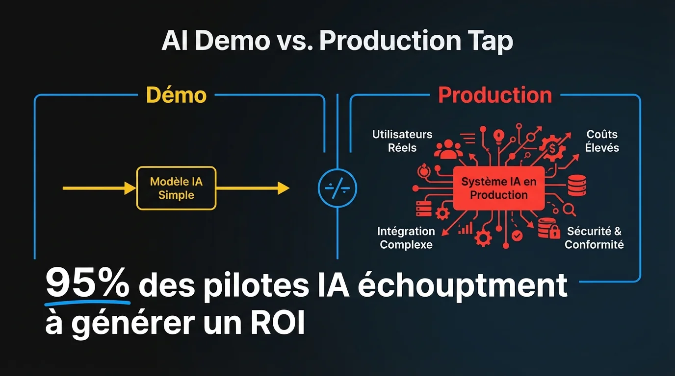 Le fossé entre démo et production : 95 % des pilotes IA échouent à générer un ROI — la démo est contrôlée et prévisible, la production est complexe et coûteuse