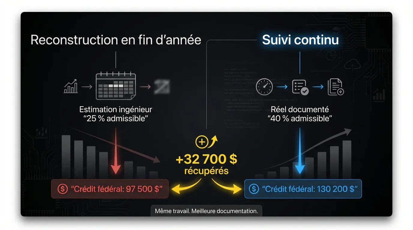 Comparaison des approches de documentation : reconstruction en fin d’année à 25 % admissible vs suivi continu à 40 % admissible—l’écart de crédit pour le même travail