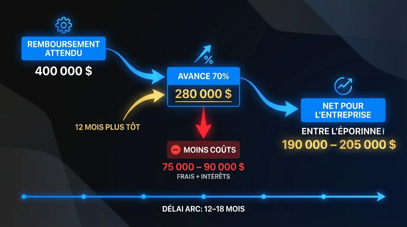 Économie du financement RS&DE : remboursement de 400 000 $, avance de 70 % = 280 000 $, moins coûts de 75 000 – 90 000 $ = net 190 000 – 205 000 $. Liquidités reçues 12 mois plus tôt.