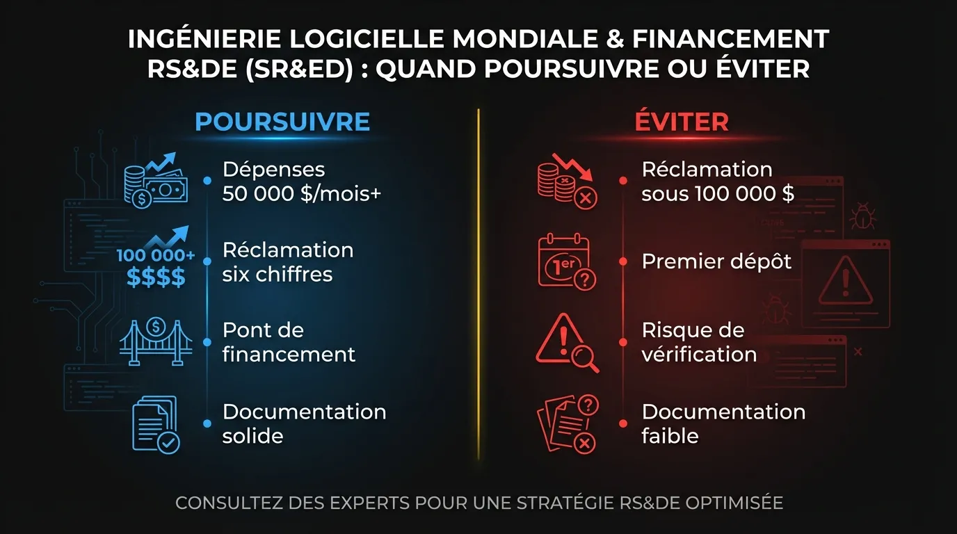 Admissibilité au financement RS&DE : quand poursuivre (dépenses 50 000 $/mois+, réclamation six chiffres, pont de financement, documentation solide) vs quand éviter (réclamation sous 100 000 $, premier dépôt, risque de vérification, documentation faible)