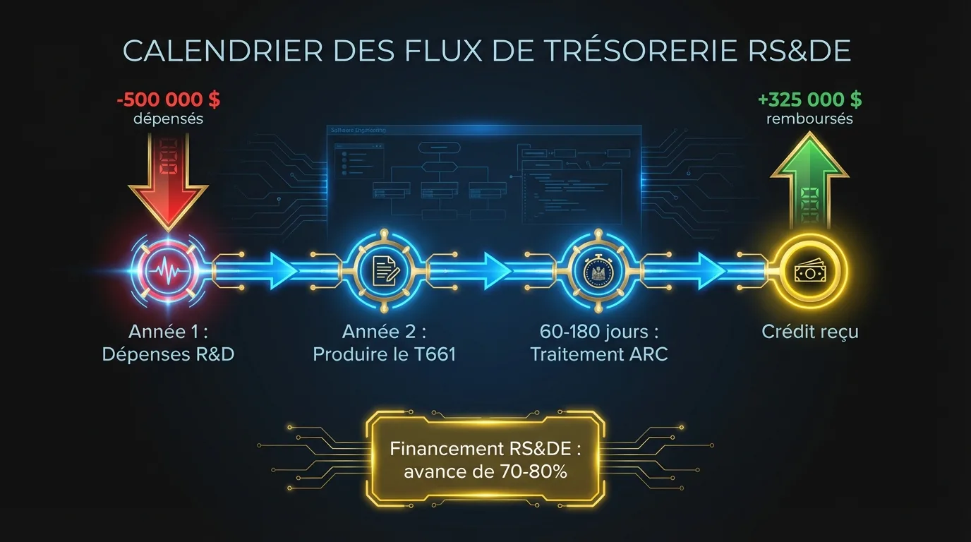 Calendrier des flux de trésorerie RS&DE : Année 1 dépenses → Année 2 dépôt T661 → 60-180 jours traitement ARC → crédit reçu, avec option de financement à 70-80%