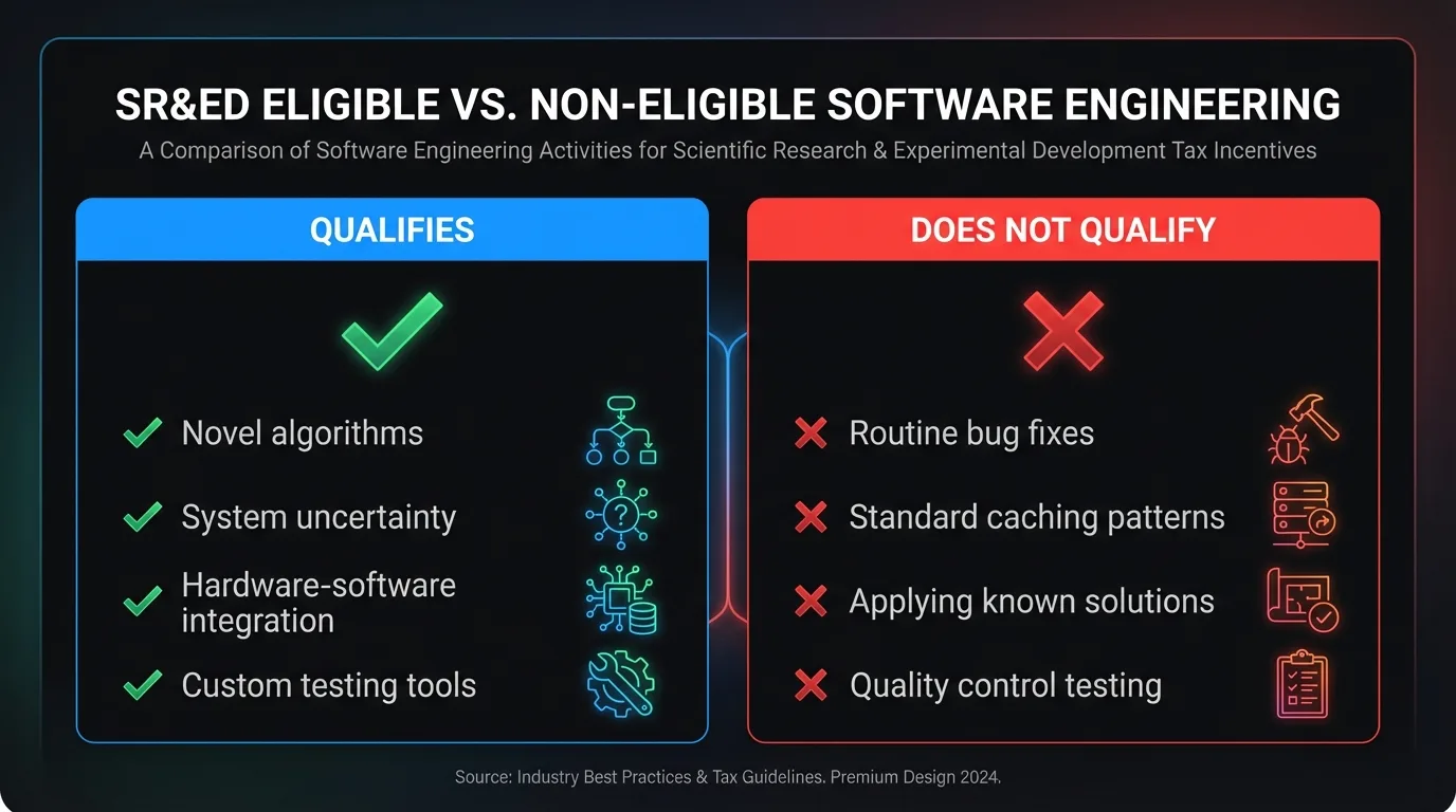 Software SR&ED eligibility: what qualifies (novel algorithms, system uncertainty, hardware-software integration) versus what does not (routine bug fixes, standard patterns, applying known solutions)